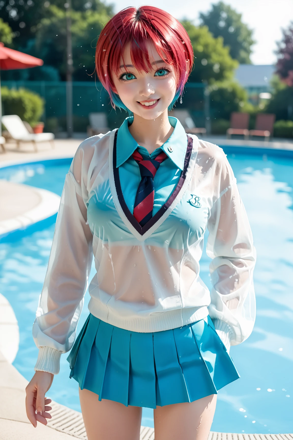 1 girl、Esbian all over、Dancing happily、Water Drop、(Blue fur)、short hair、smile、blue eyes、blazer、Get wet、(Plain white shirt)、(Red bow tie)、(Red checked skirt) 、(Black Stockings)、Absolute area、Thigh Emphasis、Seaside