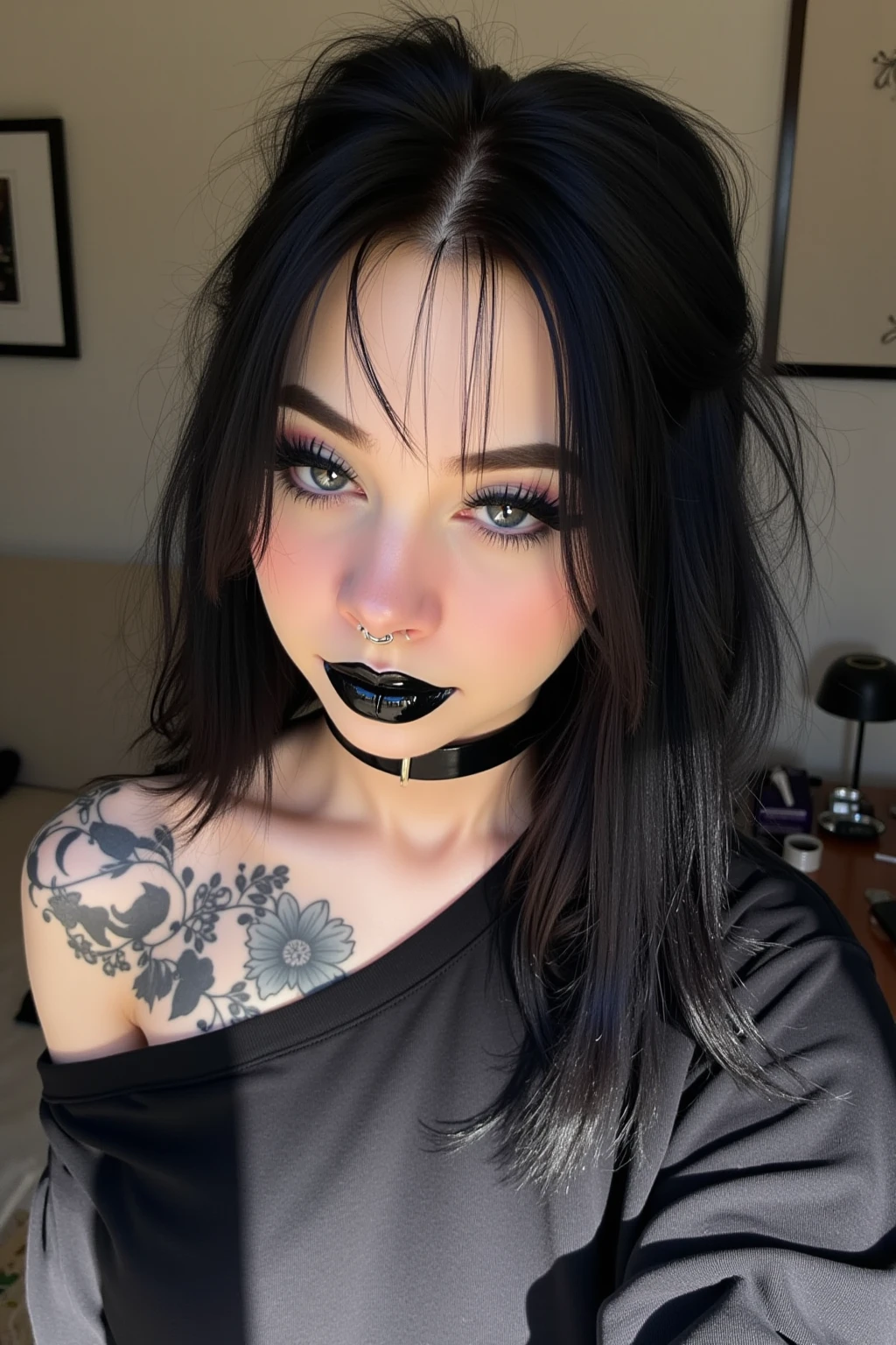 a selfie of poor quality in a room on a bed, 2000, emo scene, a girl takes a bad selfie, dark shadows, Accessoires, emo hair, emo makeup, extreme makeup, hair strikes