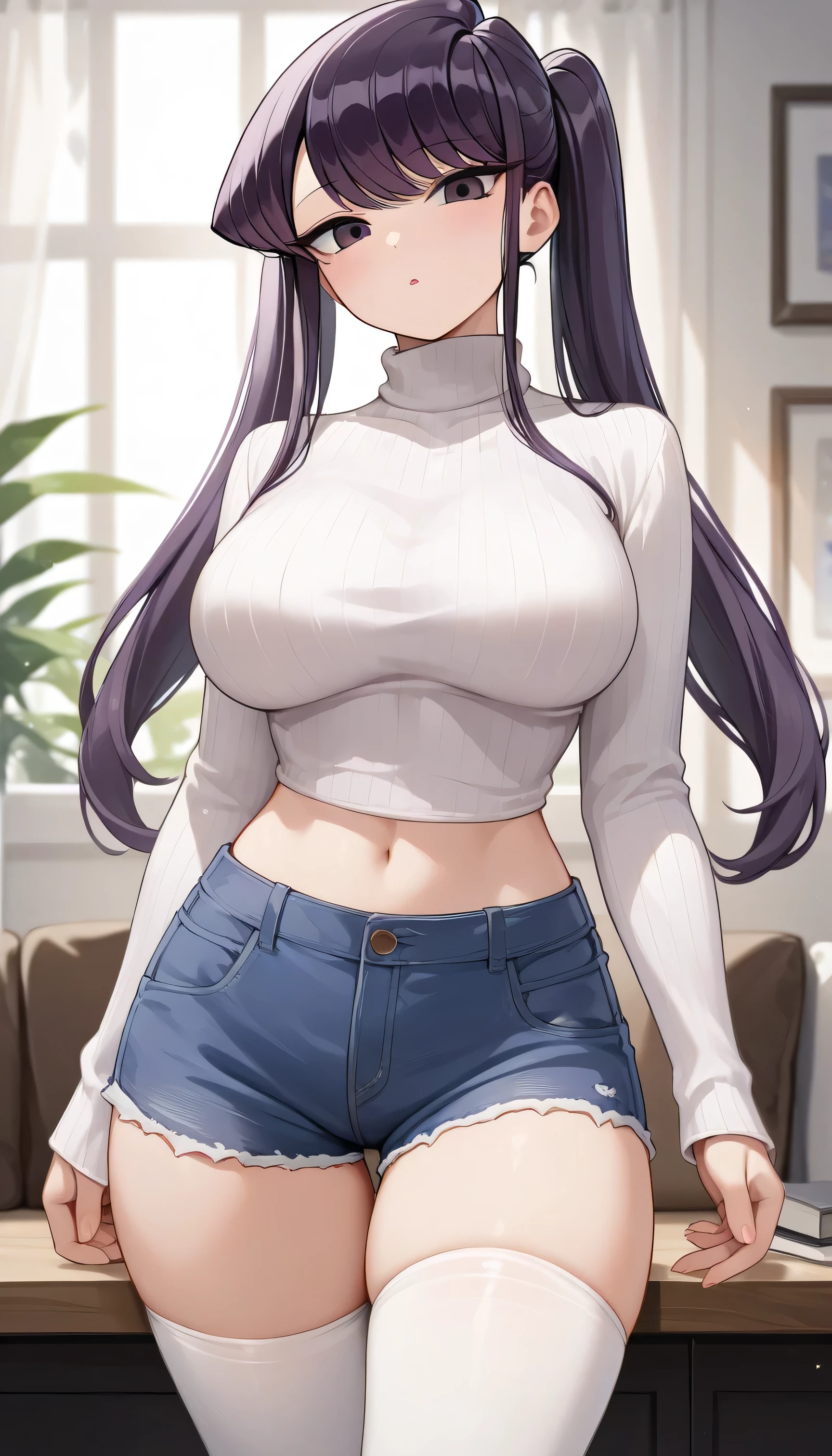 score_9, score_8_up, score_7_up, 1girl, black hair, pink eyes, long hair, braided ponytail, (bangs), pale skin, large breasts, wide hips, keyhole sweater, ribbed sweater, jeans, smile, indoors, unaestheticXL_bp5, aidxlv05_neg, (SuperQuality:1.2), (negative_v2 Color_Balance_Calibration:0.8)