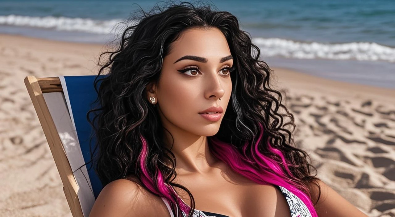 A sweet girl with voluminous curly purple hair in the wind on a summer beach dressed in a black swimsuit