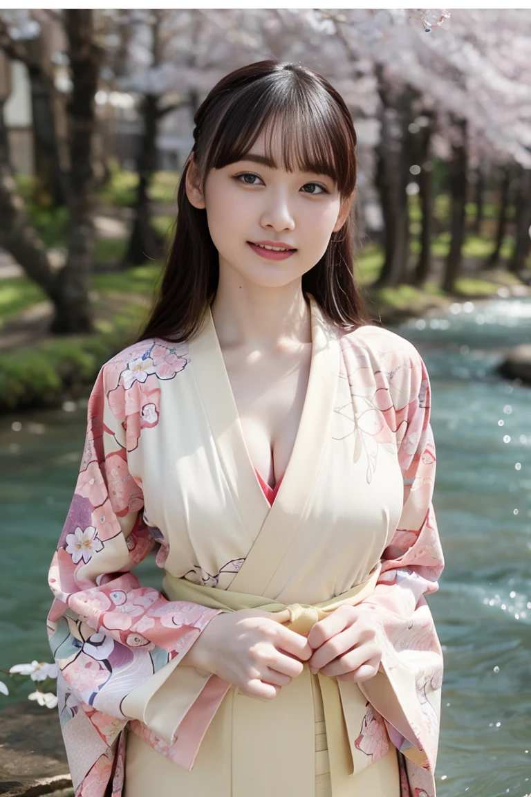 Please generate a portrait of a beautiful Japanese girl. She should have natural skin tones with slightly facial features and soft, delicate characteristics. Her hair should be straight with a silky shine to it. Her eyes should be large and captivating, expressing kindness and intelligence. It would be wonderful if she could be depicted wearing traditional Japanese attire such as a kimono or a . In the background, include iconic Japanese scenery like cherry blossoms or Mount Fuji.((emphasizing the cleavage)),((emphasizing the cleavage))((big breasts:2))((leaning forward))(Showcasing cleavage:3)