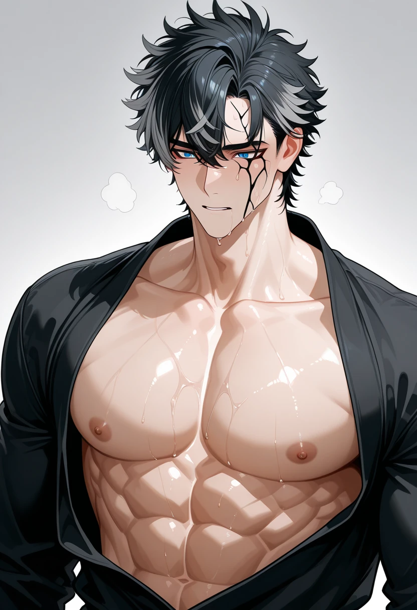 A beautiful anime-style boy with a well-defined sixpack, perfect facial features, detailed eyes, sharp jawline, piercing gaze, intricate hair, glowing skin, dynamic pose, dramatic lighting, vibrant colors, cinematic composition, intricate details, highly detailed, 8k, photorealistic, masterpiece