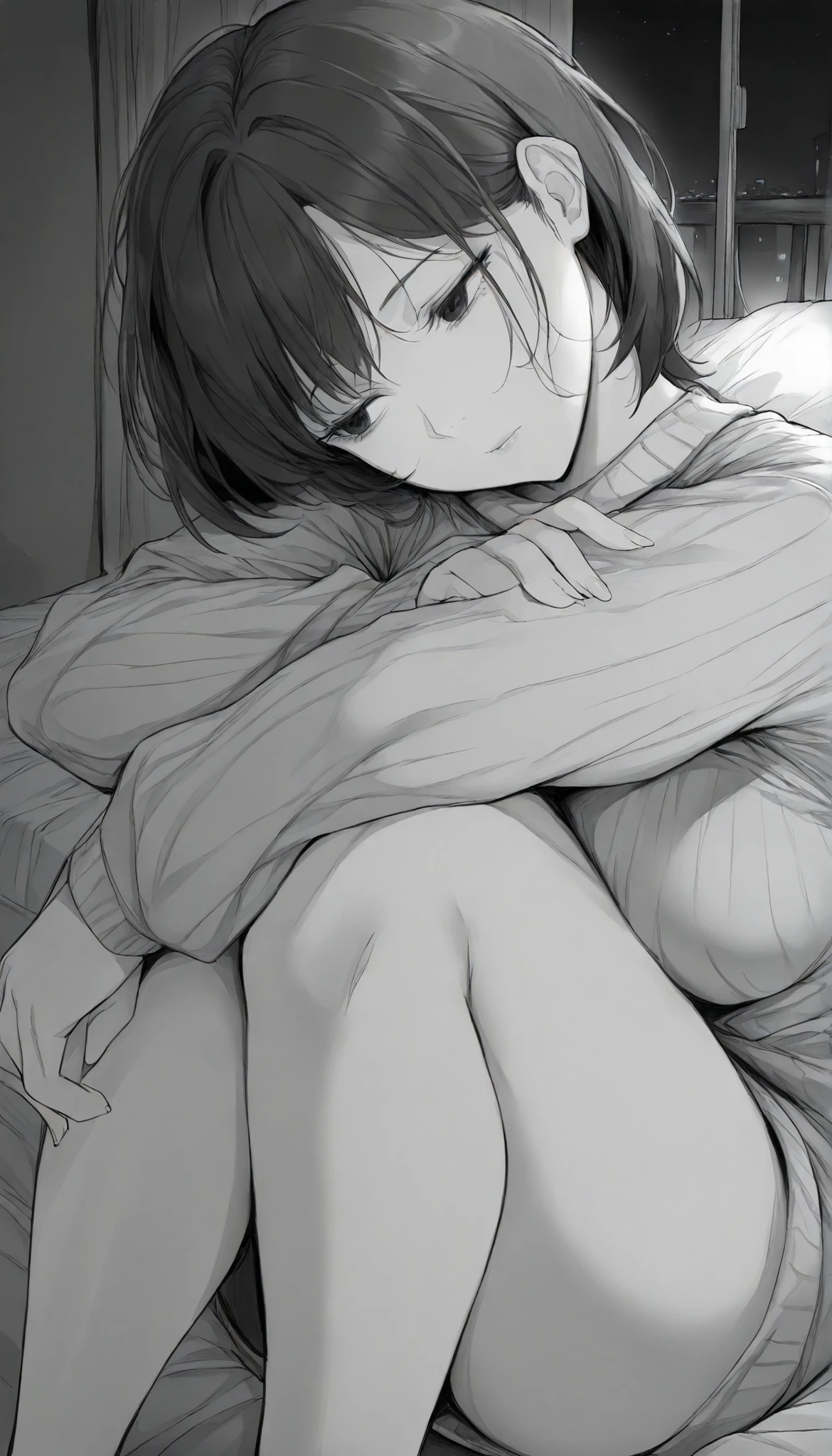 masterpiece,grayscale,manga,1woman, mature, medium bosom, solo, alone, black hair, short hair, bangs, messy, black eyes, dark eyes, night, loose oversized sweater, bed, (looking away, head tilt, arms over knees)