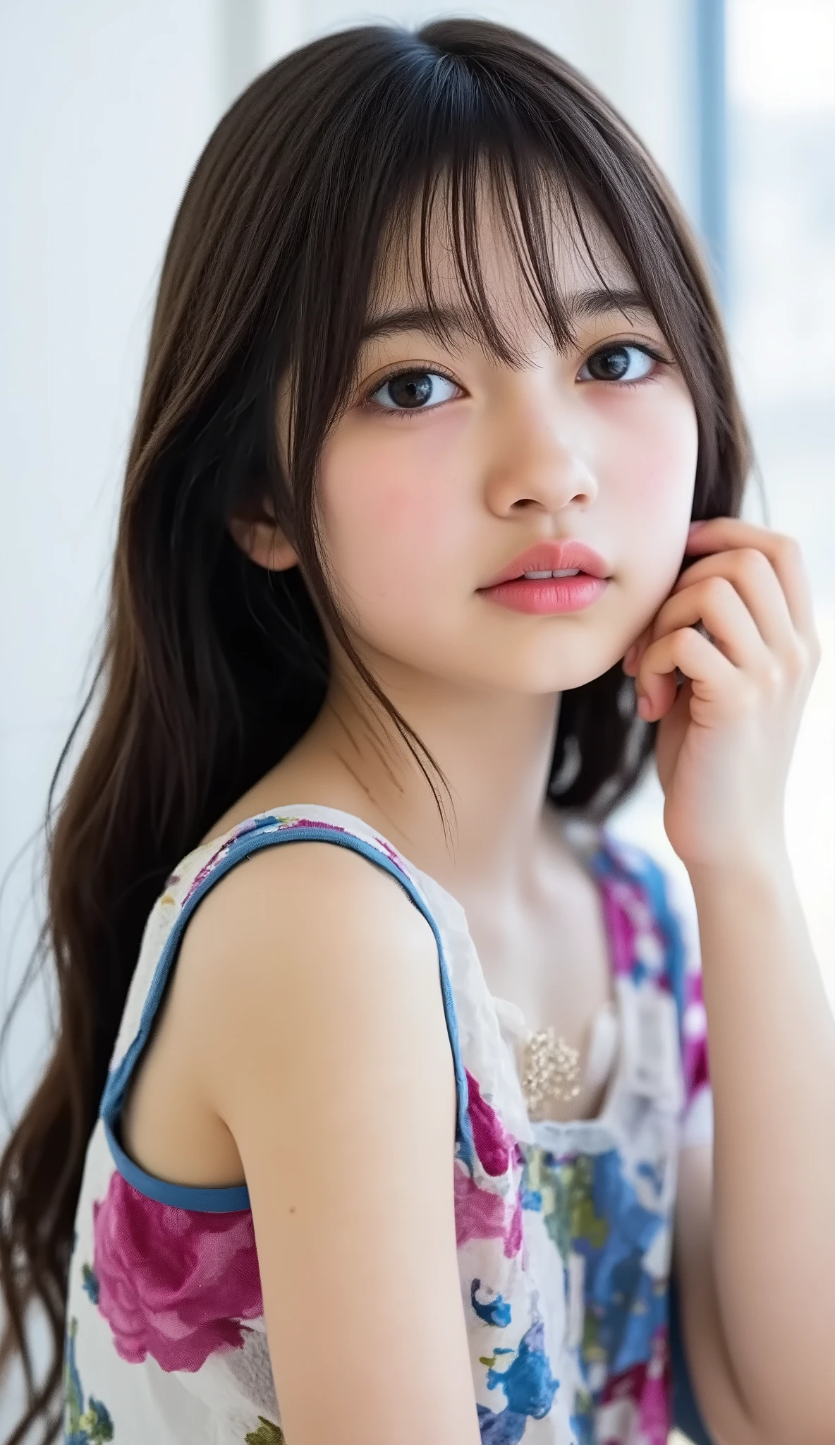 , (realistic, Biologically correct images, innocence, neat and clean, Highest resolution, masterpiece), (2 amazing beautiful thin skinny tween girls:10), (babyface:10, skinny small face:8, delicate:9, skinny:7, thin:5, little:5, twiggy:7, underweight:7, cute, Lanky:8, young:4, short height as 135cm:5, mesugaki:5),
(no bra:5.9),
slipping nipples out from thin camisole dress,
(flat chest as junior high school little skinny girl:10, young cute puffy nipples as elementary school young little japanese girl:1.9, flat abs:4, delicate and narrow shoulders:7, Delicate clavicle:5, thin tights:7, tight waist:4, small ass:5, thin legs:5),
(keep spreading legs wide:4),
(choker:9, knee-high socks:9, cuteloli:4),
(keep staring straight into the camera:9),