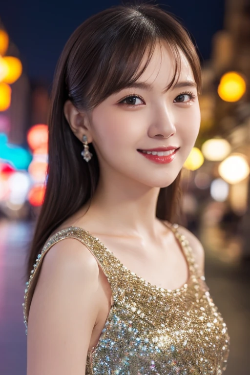 One Girl, (wearing an orange glitter dress:1.2), (RAW Photos, highest quality), (Realistic, Photorealistic:1.4), Tabletop, Very delicate and beautiful, Very detailed, 2k wallpaper, wonderful, In detail, Very detailed CG Unity 8k wallpaper, Very detailedな, High resolution, Soft Light, Beautiful detailed girl, Very detailedな目と顔, Beautifully detailed nose, Beautiful fine details, Cinema Lighting, City lights at night, Amazing illumination, Perfect Anatomy, Slender body, small, smile