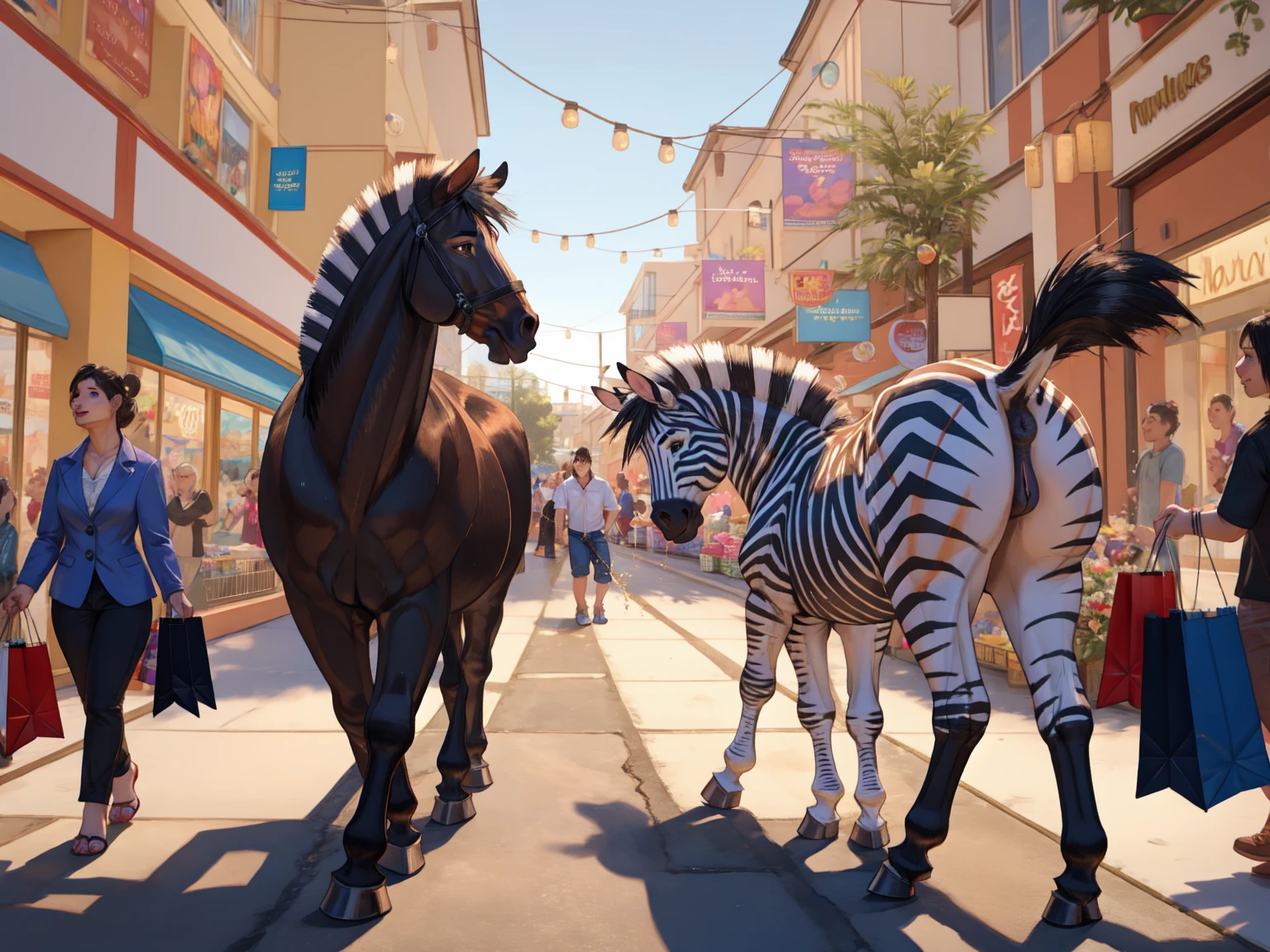feral zebra , female, horse pussy, anus, butt, walking , mall, people on the background, horse dick, dick, testicles, scrotum, cum dripping