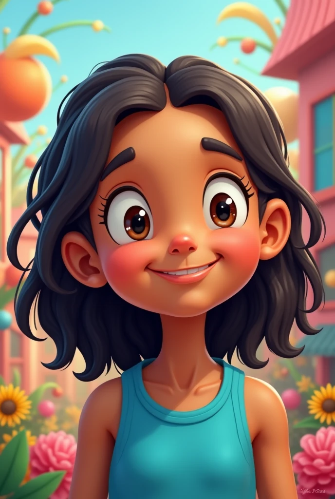 A beautiful woman with wavy, blue-black hair ,with pigtails,with heterochromia in the eyes and with vitiligo,with a scar on her left eye wearing a Flamengo shirt and she is 6 years old 