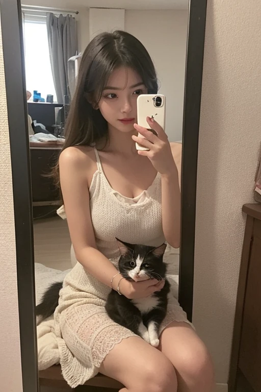A Japanese girl in 12 years old wearing glasses with short bob silky hair in pigtails, naked, sitting with her legs up on the living room fur carpet, holding a smartphone, smiling faintly while looking at the cellphone, with a cute cat beside her, facing an intricately designed room with beautiful pastel colors, capturing a moment of relaxation and friendship, in oil paint and fine ink paint style.