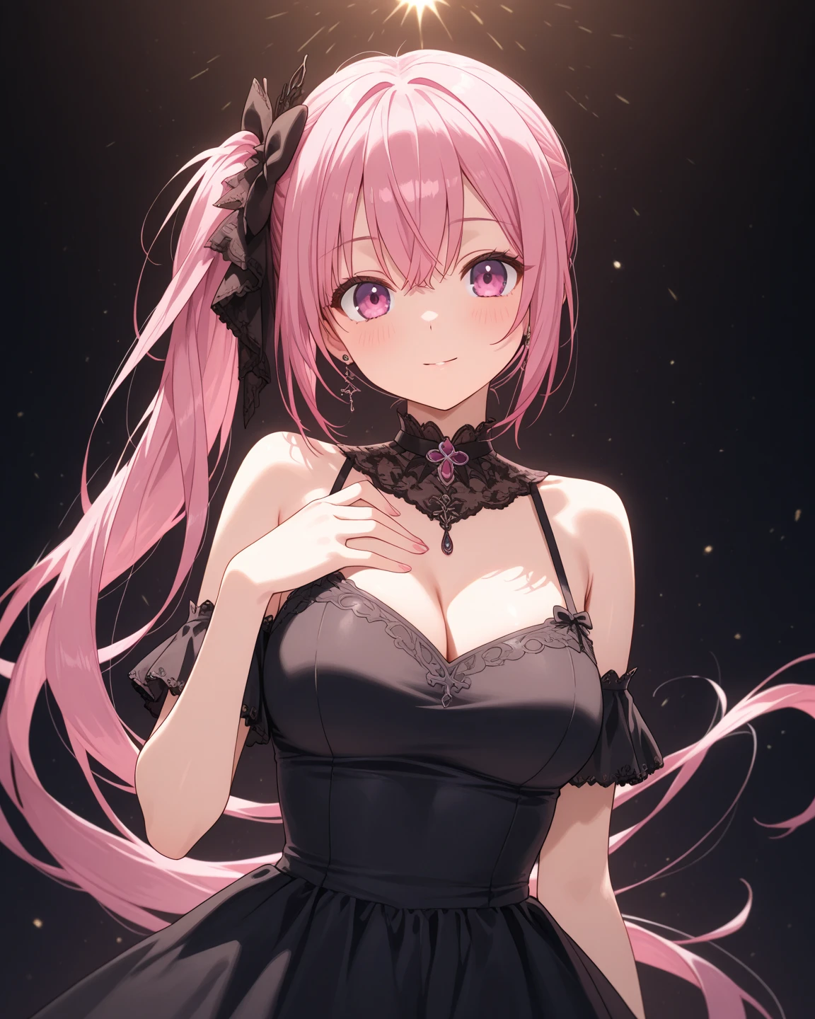 Center of chest,pretty girl,Cat ear,Beautiful silver hair,Pink inside,Beautiful pink eyes,black shirt,black skirt,dark

