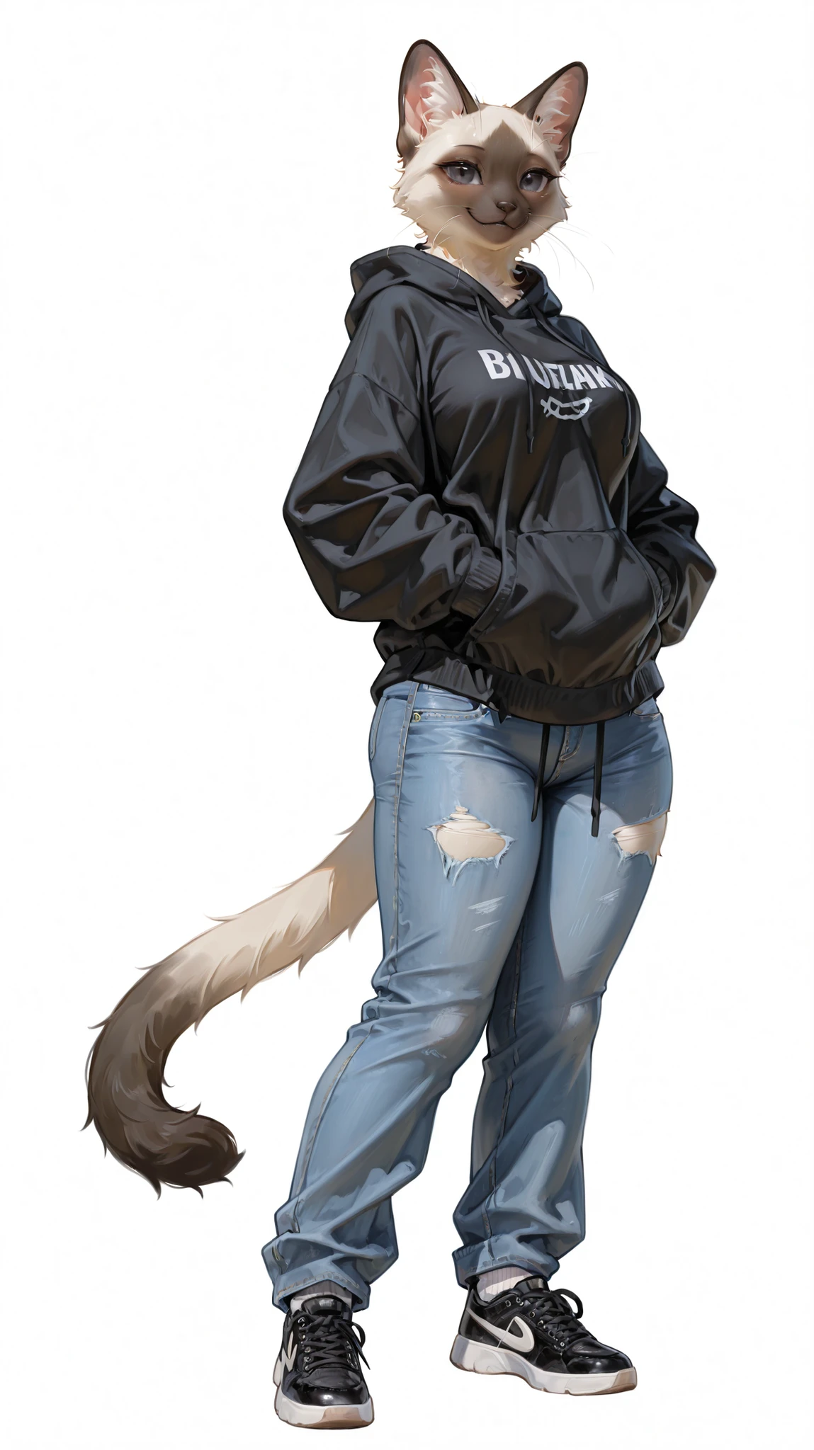masterpiece, best quality, amazing quality, very aesthetic, high resolution, ultra-detailed, absurdres, newest, female, siamese cat, black eyes, breasts, smile, paws, claws, fluffy tail, paws, claws, full body, white background, BREAK, photorealistic details, volumetric lighting, thick highs, wide hips, furry, anthro, hands in pockets, (Jeans, white socks, black sneakers), (baggy hoodie, black hoodie)