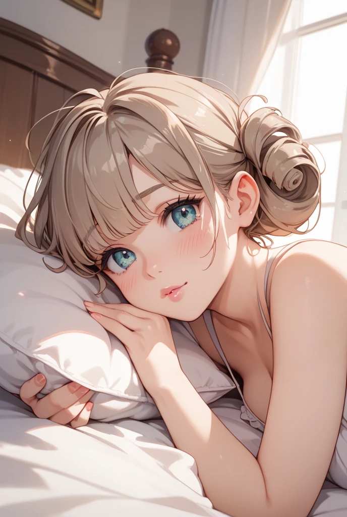 (best quality,4k,highres,masterpiece:1.2),ultra-detailed,realistic:1.37,a girl lying on the bed in cute lingerie,beautiful detailed eyes,beautiful detailed lips,lovely hair,long eyelashes,soft skin,playful expression,soft lighting,romantic ambiance,floral wallpaper,cozy atmosphere,subtle colors,satin sheets,lace trim,dainty bows,innocence and beauty,graceful pose,soft focus,luxurious setting,gentle warmth,gentle shadows,delicate fabric,feminine charm,vibrant hues,luminous glow,serene mood,sweet anticipation,sublime beauty,sultry allure,subtle sensuality,alluring charm,sophisticated elegance,enticing curves,delightful curves,irresistible charm,seductive allure,dreamy atmosphere