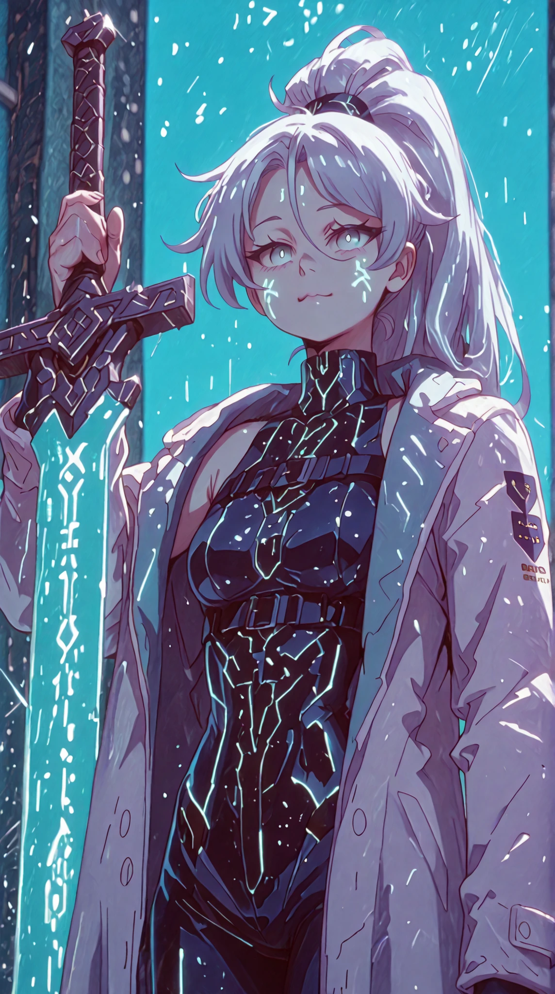 A young male character, with the height and body type of Lloyd de Saloum from Dainanaoji. He has long white hair tied in a high ponytail and the exact facial features of Sylpha Langlis from Tensei Shitara Dai Nana Ōji, but with bright blue eyes and a provocative, confident smile, the character is a young boy.
He wears a tight, cyberpunk-style black bodysuit with golden accents. His shoulders and arms are exposed, revealing glowing sky-blue runes etched into his skin. His arms and clawed hands are colored sky blue, reminiscent of Dusk from Arknights, but in a blue-themed palette, the character is a young boy.
Over his body, he wears a black coat similar to Dusk’s — loose and slipping off his arms. His pose is bold and confrontational, facing the viewer directly with his head slightly tilted, shoulders back, and expression full of confidence, with the height and body type of Lloyd de Saloum from Dainanaoji.
He wields a massive black greatsword with glowing blue runes inscribed along the blade. The background is pitch black, emphasizing the luminous blue details and cyberpunk aesthetic, the character is a boy, the character is a young man, with the height and body type of Lloyd de Saloum from Dainanaoji, body type of Lloyd de Saloum from Dainanaoji.
The overall style should be detailed and colorful, matching the rendering quality and design of Dusk from Arknights, but with a cyberpunk twist and a younger male look, despite having a male body, the face and hair must be the same as Sylpha Langle's from Tensei Shitara Dai Nana Ōji, white coat with the same design as Dusk's coat from Arknights falling down the arms leaving the shoulders exposed.