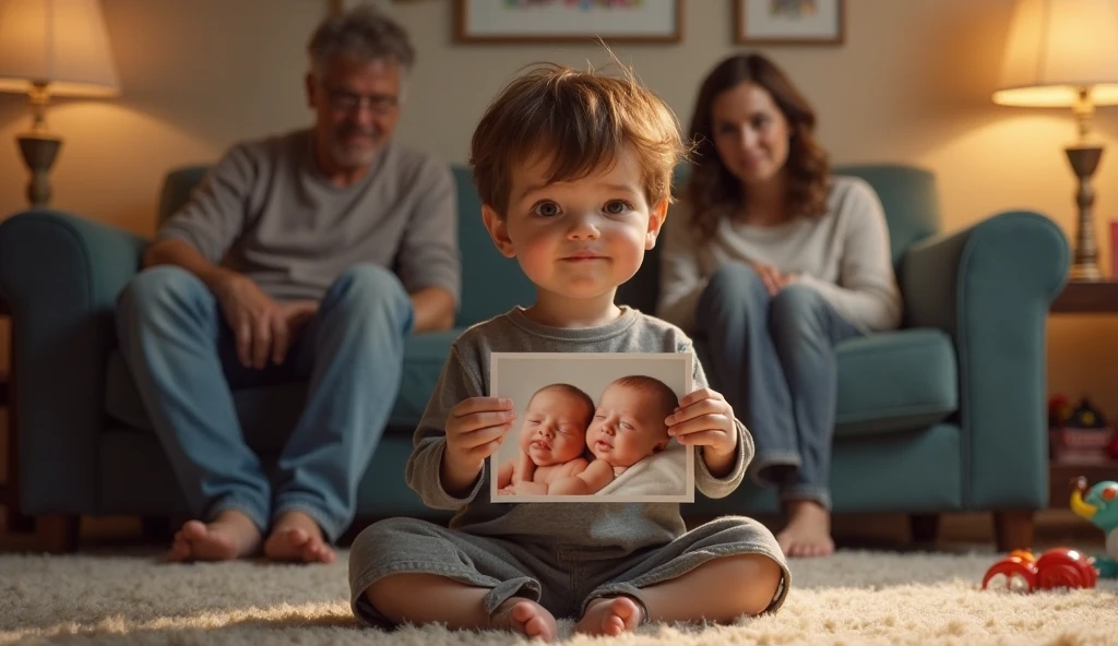 Parents proudly hold a 50 x 50 cm frameless canvas in their hands, auf der ihr Baby aufgedruckt ist. Sie lachen spontan.