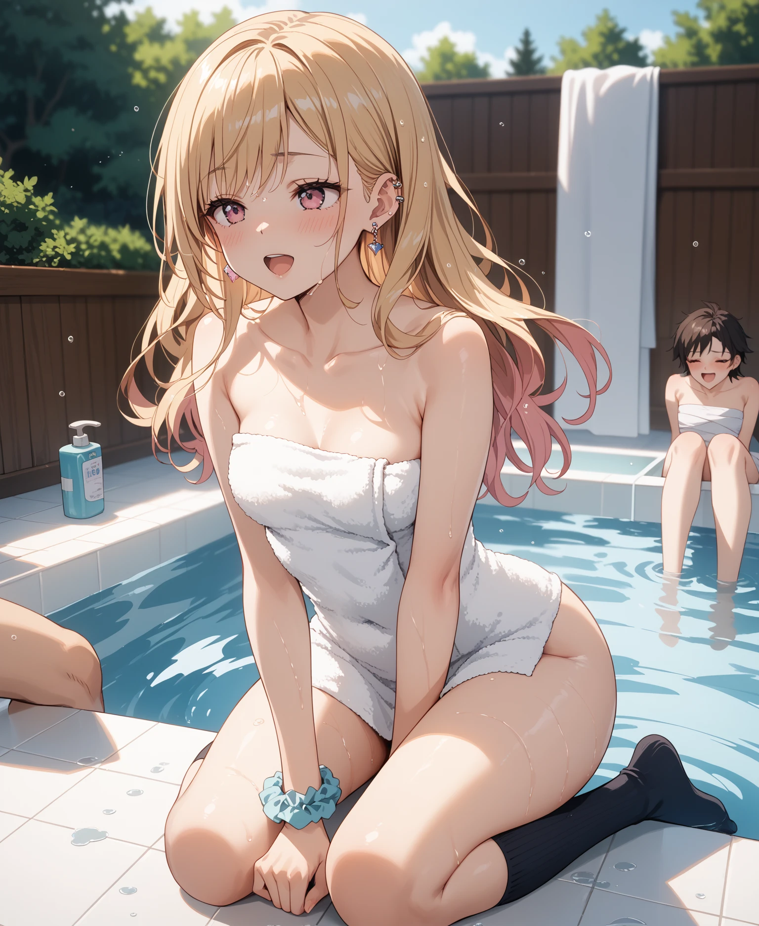 (masterpiece、highest quality、In 8K、High resolution:1.2)、alone、One Girl、  Chisato Nishikigi、Feeling embarrassed、blush、Look at the viewers、whole body、Swimsuit、Glossy body、Wet body、Daytime、Poolside、hide