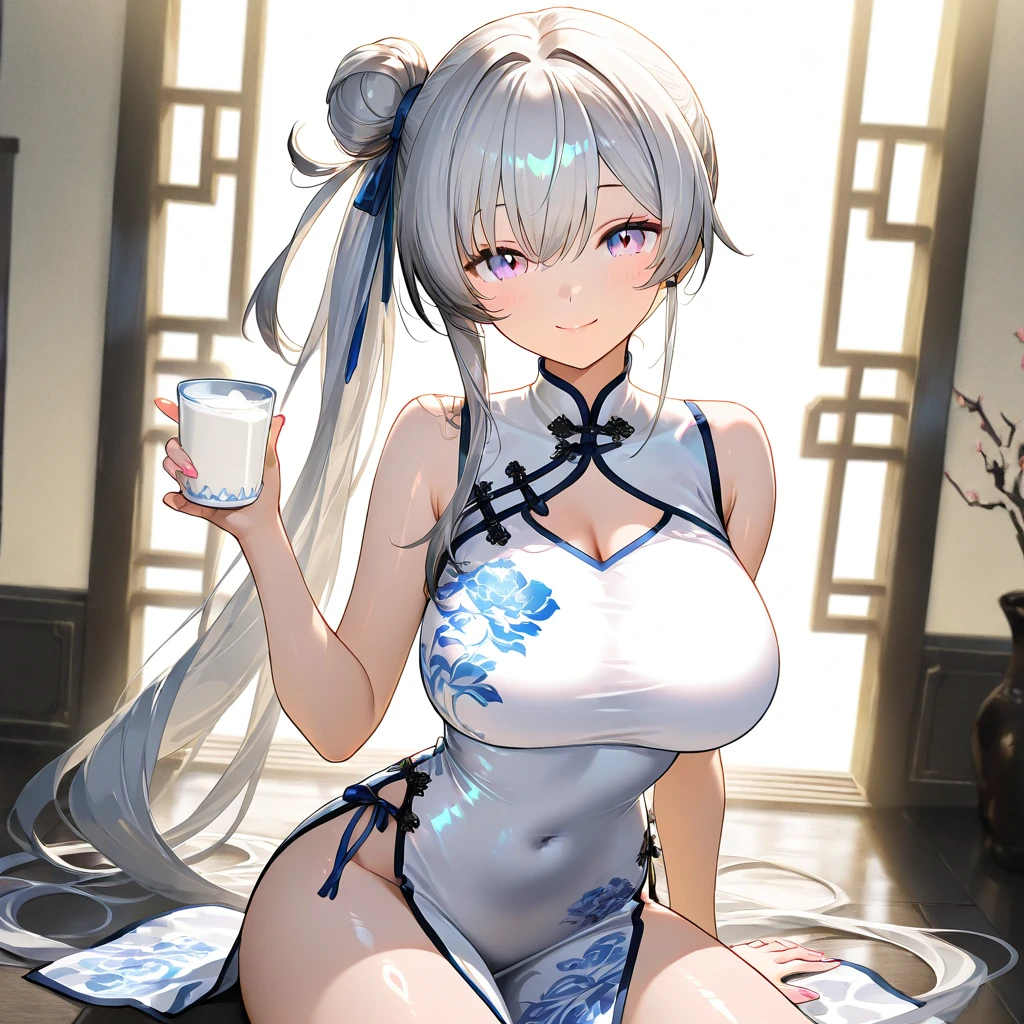 (from side:1.3),side view,masterpiece,best quality,extremely detailed,full body,1girl,Sesshoumaru,sesshoumaru,mature female,detailed beautiful eyes,(scornful eyes),yellow eyes,parted bangs,pointy ears,white hair,very long hair,red facial mark,forehead mark,alternate costume,arm at side,blush,breasts,china dress,chinese clothes,curvy,dress,elbow gloves,bare shoulder,floral print,gloves,(blue and white porcelain gorgeous qipao,blue and white china dress,blue and white chinese clothes,blue and white dress),a china cup,hand up,gigantic breasts,hip vent,holding a china cup,print dress,indoors,(teahouse),holding,red lips,looking at viewer,parted bangs,sleeveless,solo,thick thighs,upturned eyes,5 toes,white thighhighs,wide hips,solo,sitting,leg lift,thick thighs,upturned eyes,white thighhighs,wide hips,