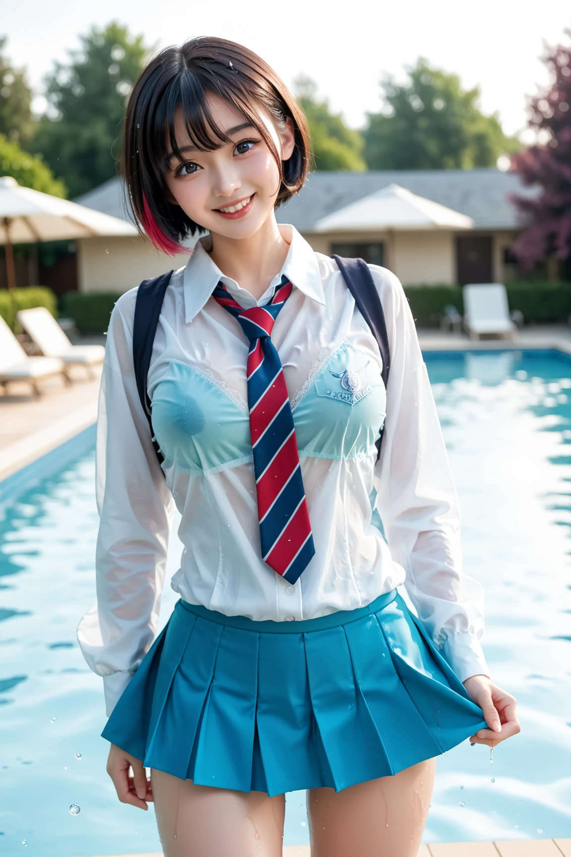 cute、high school girl、Idol、uniform、blazer、mini skirt、Soaked shirt、Soaked Skirt、See through、Soaked thighs、Frameless glasses