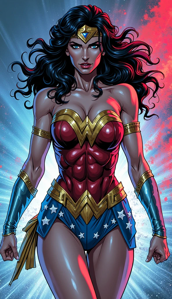 Wonder Woman, 1 girl, ((barnet))), long black hair, torn uniform, confused face, thick thighs, huge ass, huge natural breasts, cleavage, mature mother, huge muscleoysenberry eyes, Curvaceous physique,
in a fan room