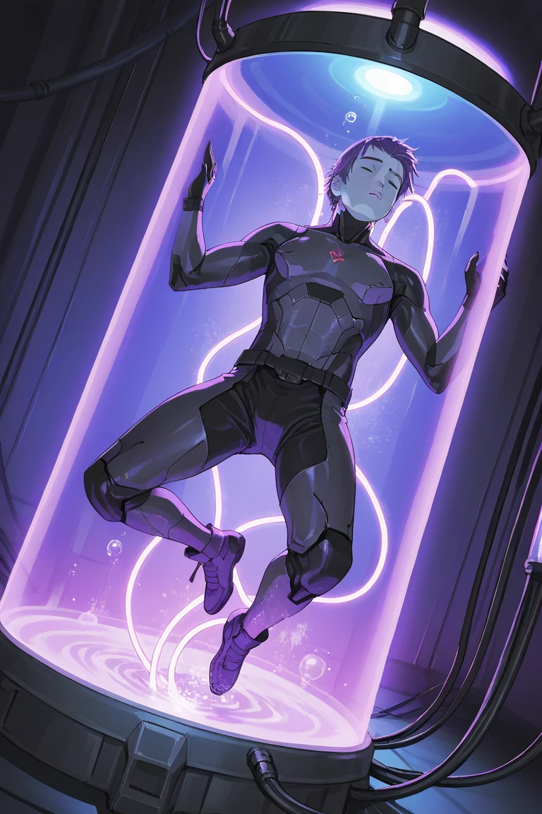 secco, solo, body suit, 1boy, purple eyes, male focus, brown body suit, mouth mask, cowboy shot, on all fours