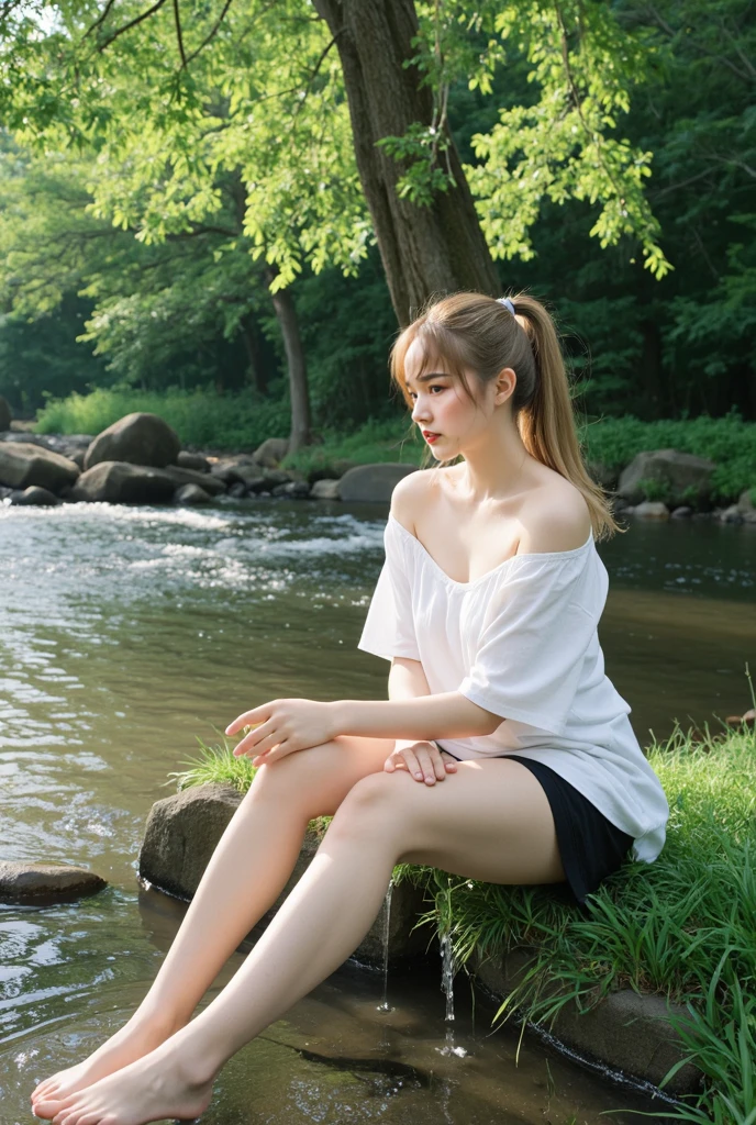 (best quality:1.2),(high quality:1.2),masterpiece,high details,(Realism:1.2),transparent texture,iso noise,photo texture,vivid color,long hair,short ponytail,blond hair,hair on the temples,white t-shirt,off-the-shoulder,large chest,bare arms,bare feet,short skirt,sitting by the river washing feet,slg,forest,grass,stream,prospect,light,<lora:slg_v30:0.8>, <lora:GoodHands-beta2:1>