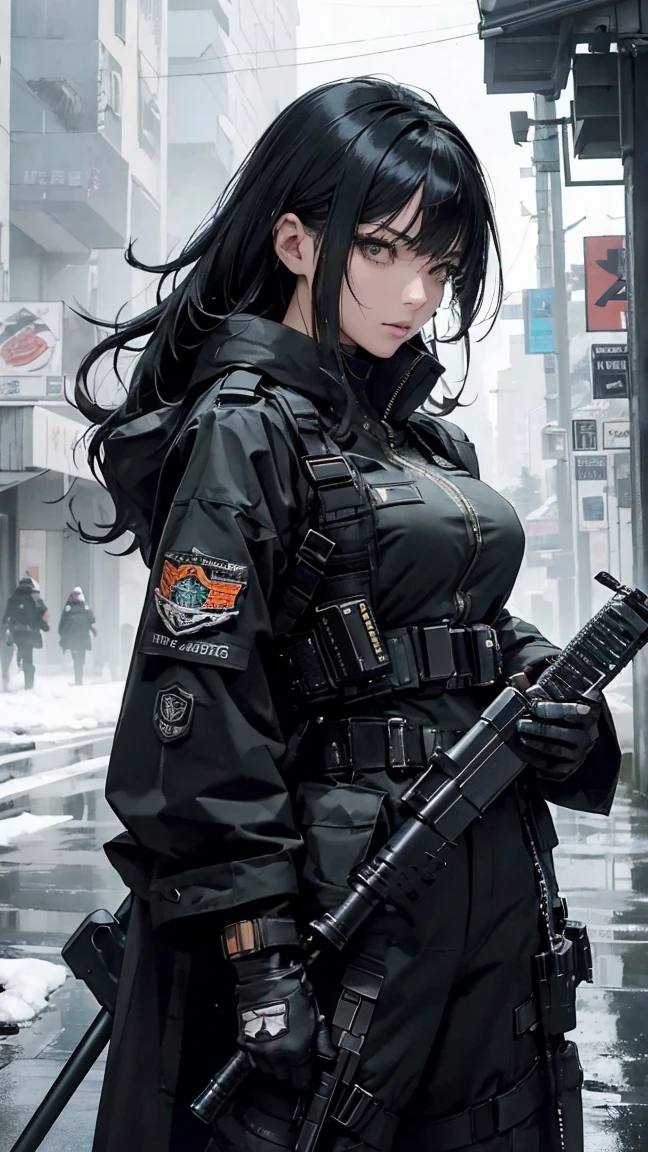 NSFW poster,dramatic scene,Cinematic scene,Takashi Murakami,Pop Culture Art,Detailed tattoos,Manga,Female NSFW Cyborg,Long jacket,SM Queen,mechanical design tattoo,Erotic,sadistic queen,sniper,Erotic Posing,fantrome,,kawaii,Stylish,,busty, Pubic hair,Glamour,Pop colors,Psychedelic Costume,Dynamic Angle,Cinematic scene,Armored,Cyberpunk dystopian girl,Fantastic Dystopia,Dystopian landscape,bladerunner,Ghost in the Shell,Photorealistic,Psychedelic and colorful tones,Posing,armaを構えて,guns,arma,masutepiece,ultimate detailed,8K,Detailed background
