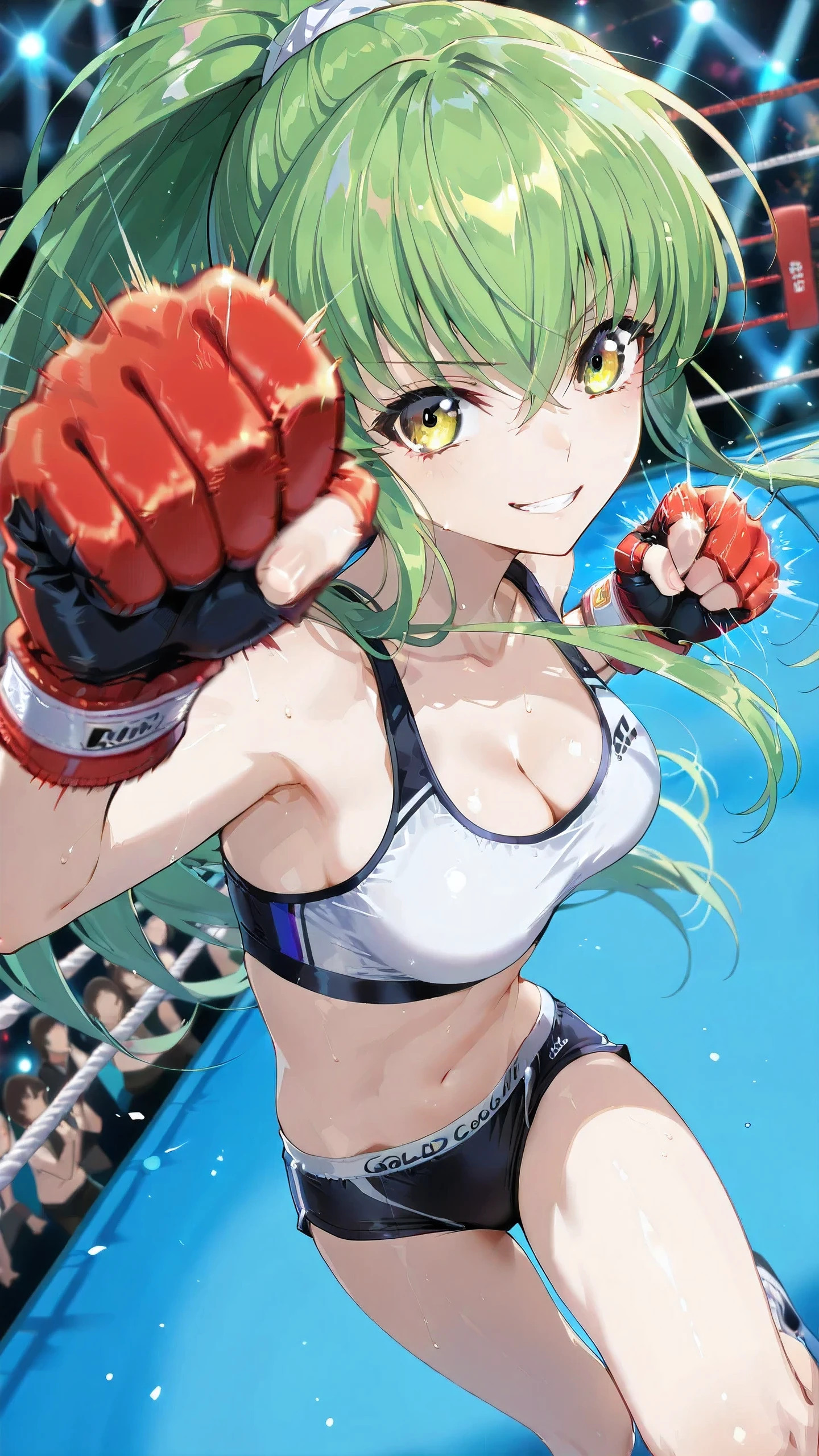 c.c., (gold eyes:1.5), long hair,, solo, Detailed eyes, white sports bra, black boy leg underwear, black fingerless gloves, thigh, cleavage, slim long legs, medium breast, serious grin, looking at viewer, Detailed eyes, Detailed face, upper body shot, face focus, from side, from above,
looking at viewer, punching, hook punch, clenched hand, motion lines, motion blur,
indoor boxing ring, spectator seats, spot lights, (depth of field).