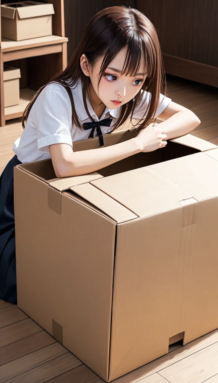 There was a young girl sitting in a box,There are boxes around, kid, box, girl with warship parts, carton, high-quality picture, toy package, Girl, of a youthful japanese girl, delivering parsel box, inspect in inventory image, next gen, Young Asian girl, imagem de qualidade alta, kiddy big breasts, stockphoto, young and cute girl, width 1125, height 810
