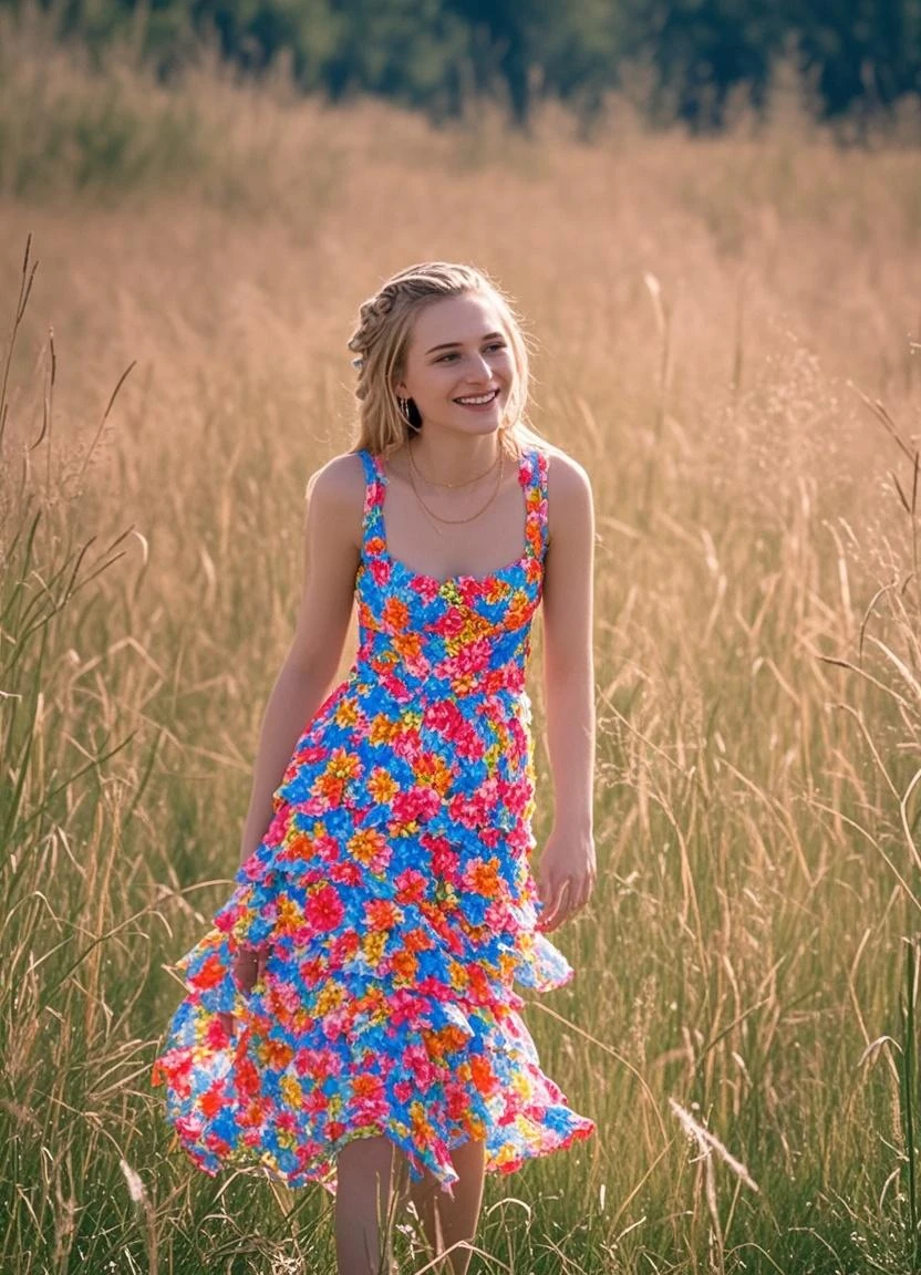 A American girl with golden wave hair wearing a western style dress and stand in the parking lot of a beautiful day