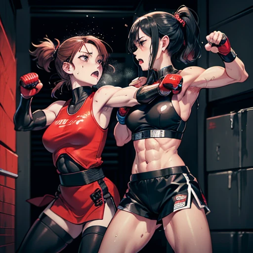 their punches are hitting to each other's body. they are beating each other so hard. two bloody beautiful Japanese female heavyweight fighters are looking at each eyes. survival battle. dynamic exciting action in the octagon fighting ring. whole body picture. they are covered in scars and bruises. they are damaged terribry. Short-cut black hair, out of breath, drooling from mouth, one eye closed, exhausted, drenched in sweat. Erect nipples. open finger glove. Ragged white and pink sports bra, high leg panty, Stockings. armwarmers. Whittled waistline, Muscular, six pack abs, very thick arms and thighs, super huge tits.