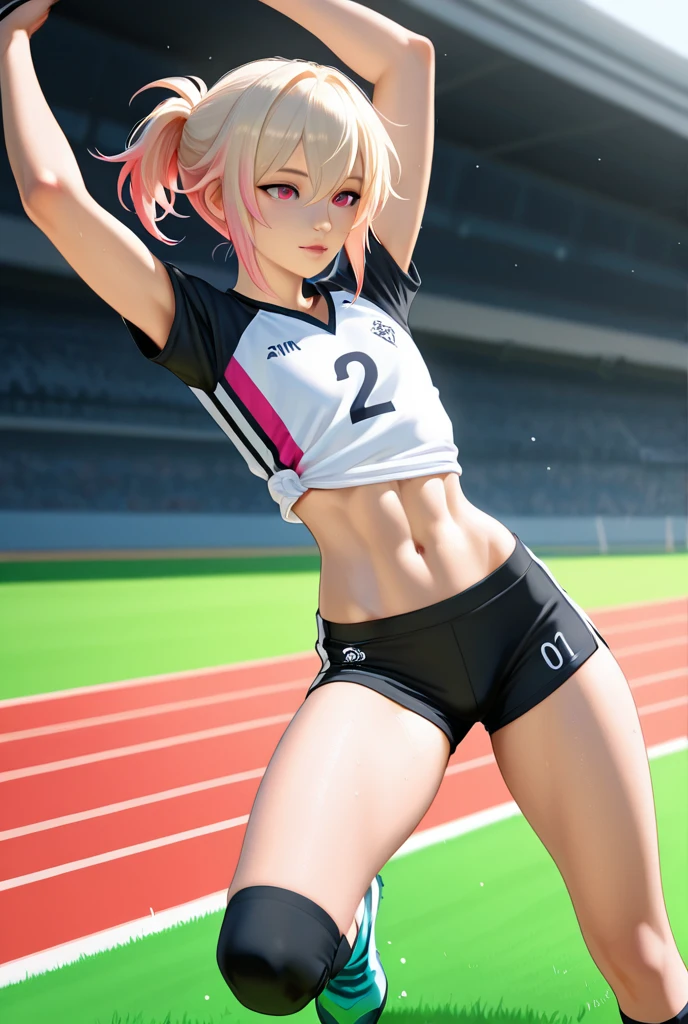 masterpiece, best quality, high resolution, ultra-detailed,,perfect face,slender perfect body, Tight belly,Toned buttocks,Constricted waist,(((5 girl to race))), 17yo,(pink:-1.5) (blue:-1.5) hair, (braided short hair), shy daughter, short stature, small tits,(flom indoor volleyball court), (volleyball athlete), small tits, short pants spats show off, short pants,(Cameltoe), spats,focus, looking at viewer, (wet:1.4) hair and skin, volleyball,((covered erectile nipples clothes)),((very wide shot )),(back shot)