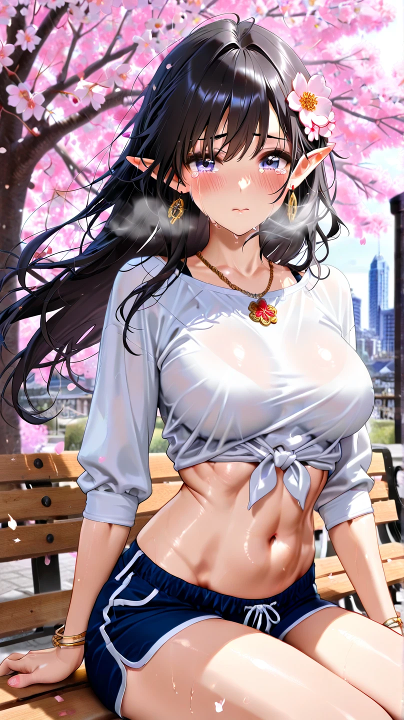 realistic image, coherent image, detailed image, 1 beautiful elf. She has black hair, long hair. Pink eyes, long eyelashes. Her face is oval and delicate. smiling with open mouth. She is wearing a long sleeve shirt, showing her navel, jean shorts, sneakers, she has a curvy body, medium breasts and thick thighs. Urban background. starry night, flower petals falling. natural lighting in front, volumetric lighting