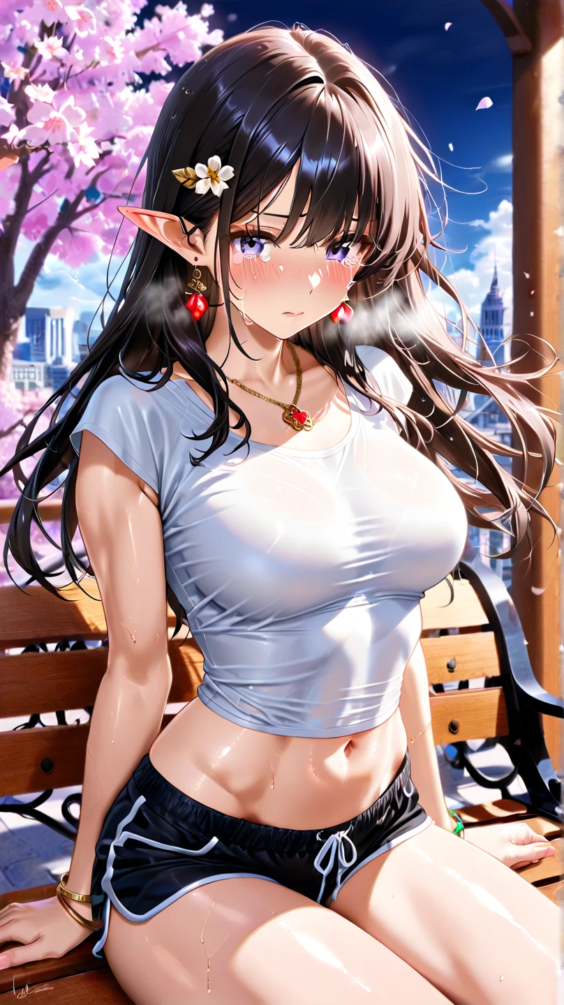 (masterpiece), (best quality), (ultra detailed), 1girl, she is drenched, sexy pose, raining, blush,medium breasts, wearing lacy camisole, happy, looking at viewer, large hair, brown hair, in the park with trees, shy, wet clothes, show bra through wet camisole, show panties through wet shorts