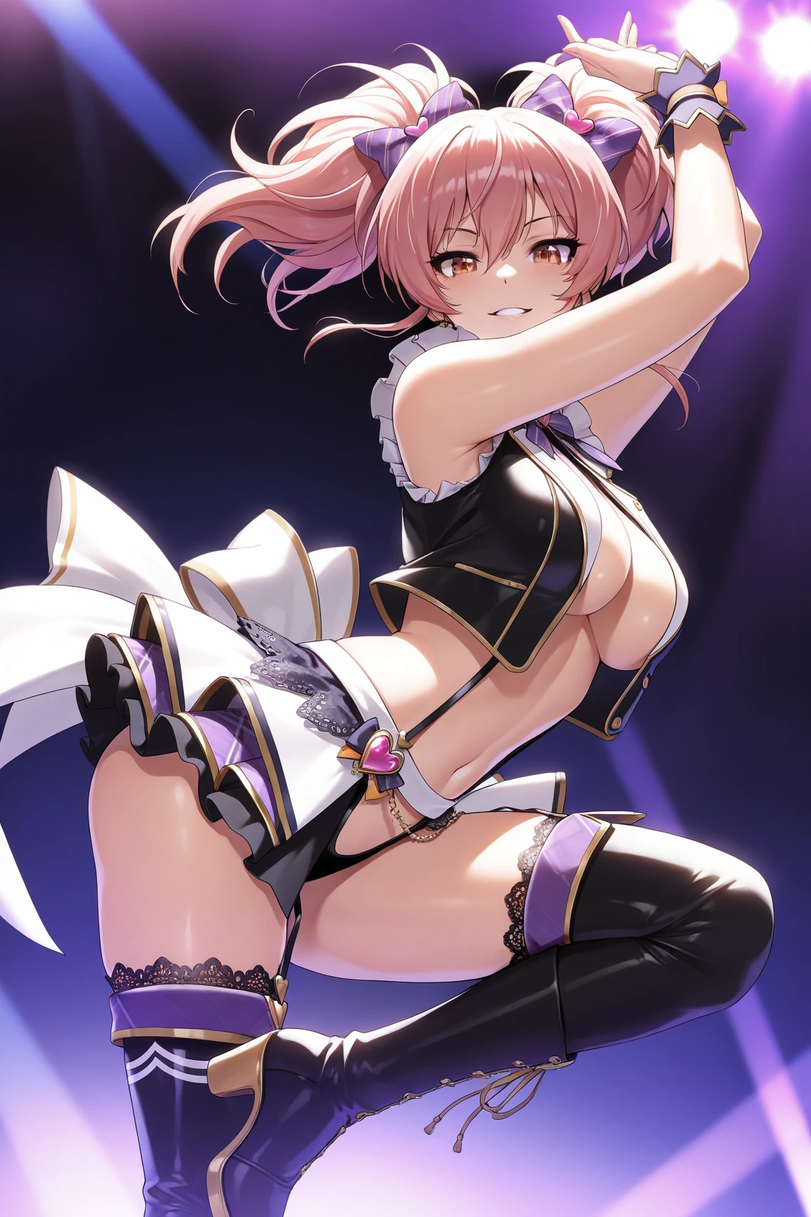 NSFW,((1man with 1woman,Having sex)), woman on top,tiny girl,Colossal tits,Whip thighs,((Princess)),Detached sleeves,Light pink hair,Striped socks,Heterochromia,Yellow and purple eyes,Shy,blushed face,Top image quality,Best Quality