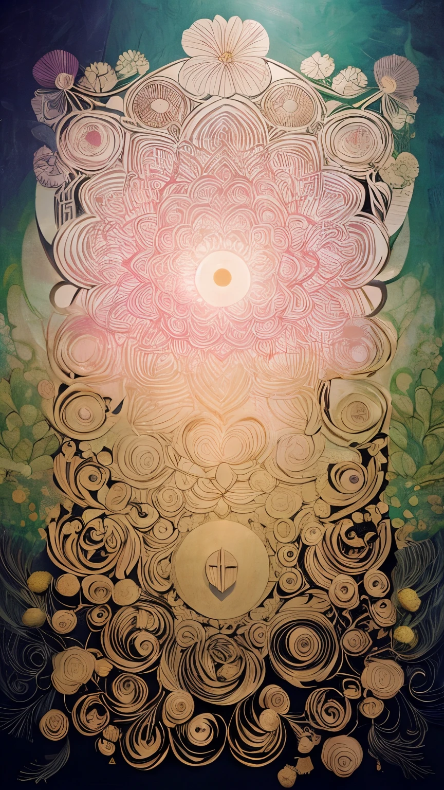 A vibrant and intricately designed collage centers around spiritual themes and mindfulness. An array of colorful elements, including celestial symbols like stars, moons, and the sun, contribute to a mystical atmosphere. The composition is dominated by an image of a serene figure surrounded by delicate lotus flowers and birds, symbolizing peace and tranquility. Around the figure, an assortment of phrases related to spirituality and meditation are hand-lettered, such as "Empowered soul," "Namaste," "Inner peace," and "Presence." Organic motifs like trees and flowing water intermingle with symbolic icons like chakras and hearts. The colors are soothing pastels—pink, green, blue, and yellow—nestled among the black line drawings. Elements such as "The power of now" and "Balance" add to the collage's message of self-care and living in the present. Overall, this artwork, rich in spiritual references, promotes a sense of wellness and mindfulness through its positive affirmations and harmonious design.
