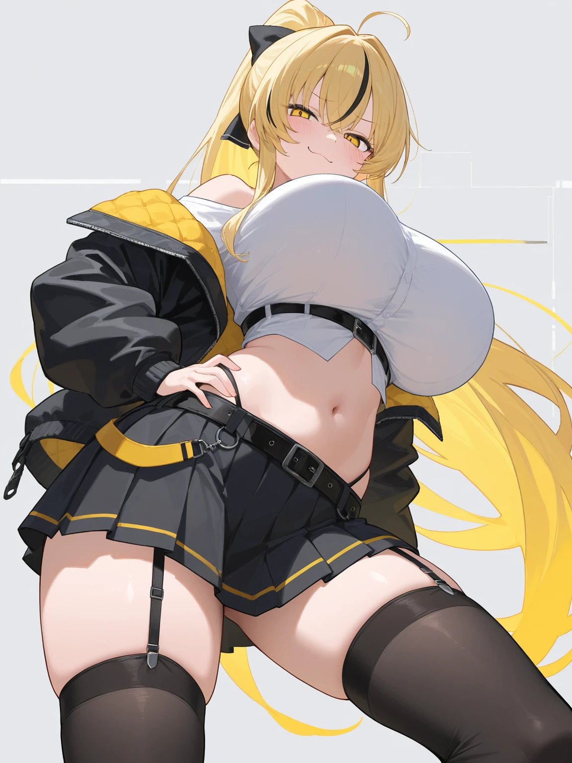 (Highest quality:1.2), alone, One woman, Tomomi, blonde hair, drill hair, twin drills, (yellow eyes:1.3)、(blush:1.1), Embarrassing, View your viewers, ((Black Bra))、((Black Panties))、((Black long gloves))、((Garter Stockings))、((Photo from below))、