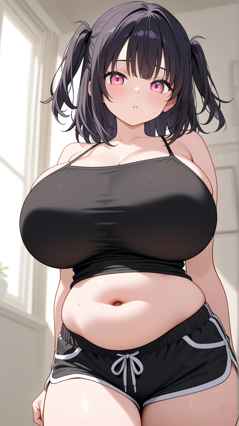 ((Masterpiece)), perfect anatomy, perfect shading, field of depth, (best quality), extremely delicate and beautiful, perfect lighting, detailed face, ultra cute face, cute, (cowboy shot 1.2), looking at viewer, (((1girl))), (((solo))), goth girl

Short hair, black hair, (hair over one eye), pale skin, green eyes, eye liner, ear piercing, choker, necklace, ((blush)), shy, nervous, (black tank top 1.5), (plaid short sectioned skirt 1.5), thigh highs, medium breasts, cleavage, ((wide hips)), (((thick thighs))), (chubby), chubby belly, 

 park, intricate background, detailed background, arms behind back,