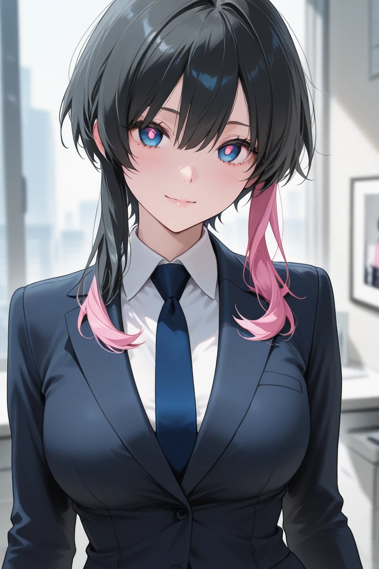 minakami style,1girl,solo, white shirt, formal,suit, white background, collared shirt, necktie, mature female, office lady, business suit, smile, happy, black lipstick, ponytail,large breasts,colored lips, gothic, goth girl, arms behind back,heterochromia, white hair, black hair, multicolored hair,
<lyco:minakami_style:1>