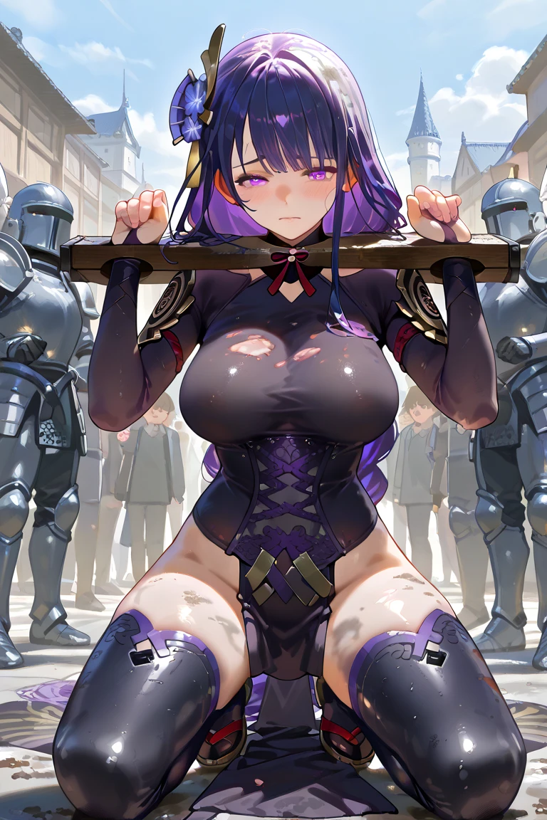 37 years old(Big Breasts)Toto 11 years old(Flat Chest)A female knight has her hands tied、Nipples、The woman is glaring at the viewer、Angry expression、crowd、pubic hair、A few dildos、Detained、In enemy troops、stand up