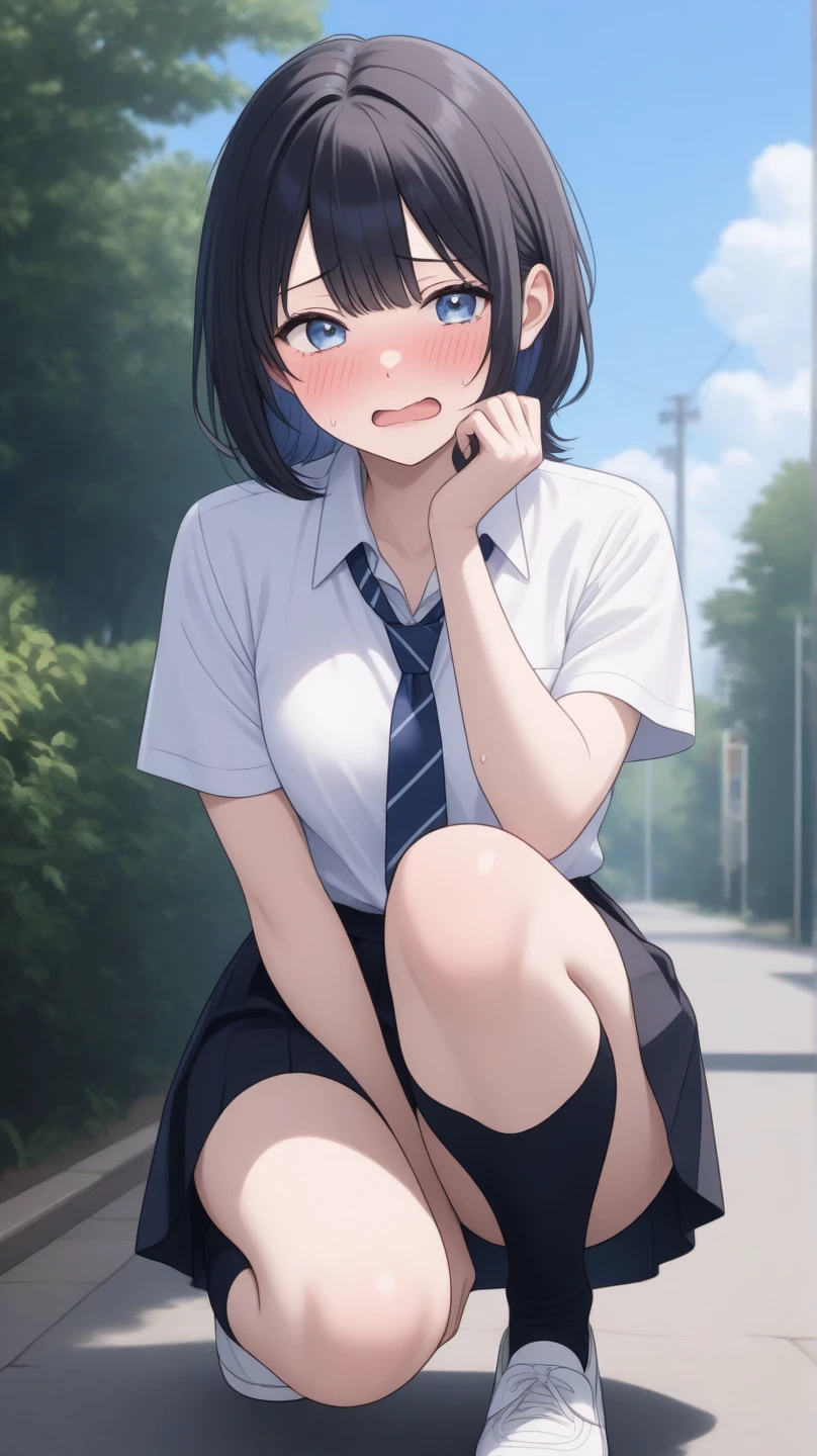 japanese,school garl,nsfw,happy, squatting, looking at viewer, ahoge, black hair, frilled clothing, mini skirt, in the house, stand,