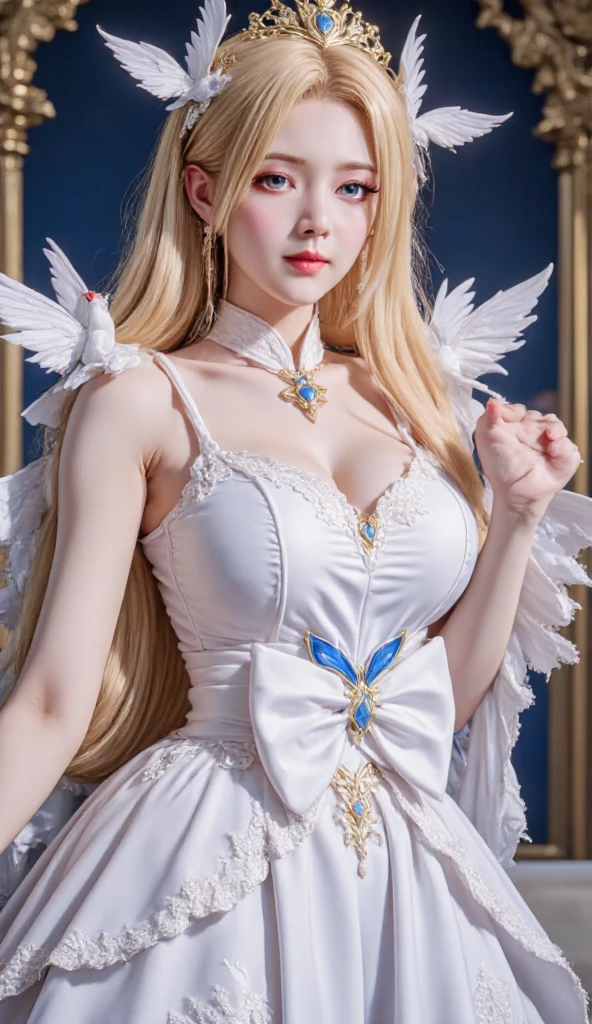 arafed woman dressed in white dress holding a golden staff, anime girl cosplay, anime cosplay, anime goddess, full - body majestic angel, cute anime waifu in a nice dress, elegant glamourous cosplay, style of magical girl, cosplay, cosplay of a catboy! maid! dress, cosplay photo, professional cosplay, ornate cosplay, angel knight girl