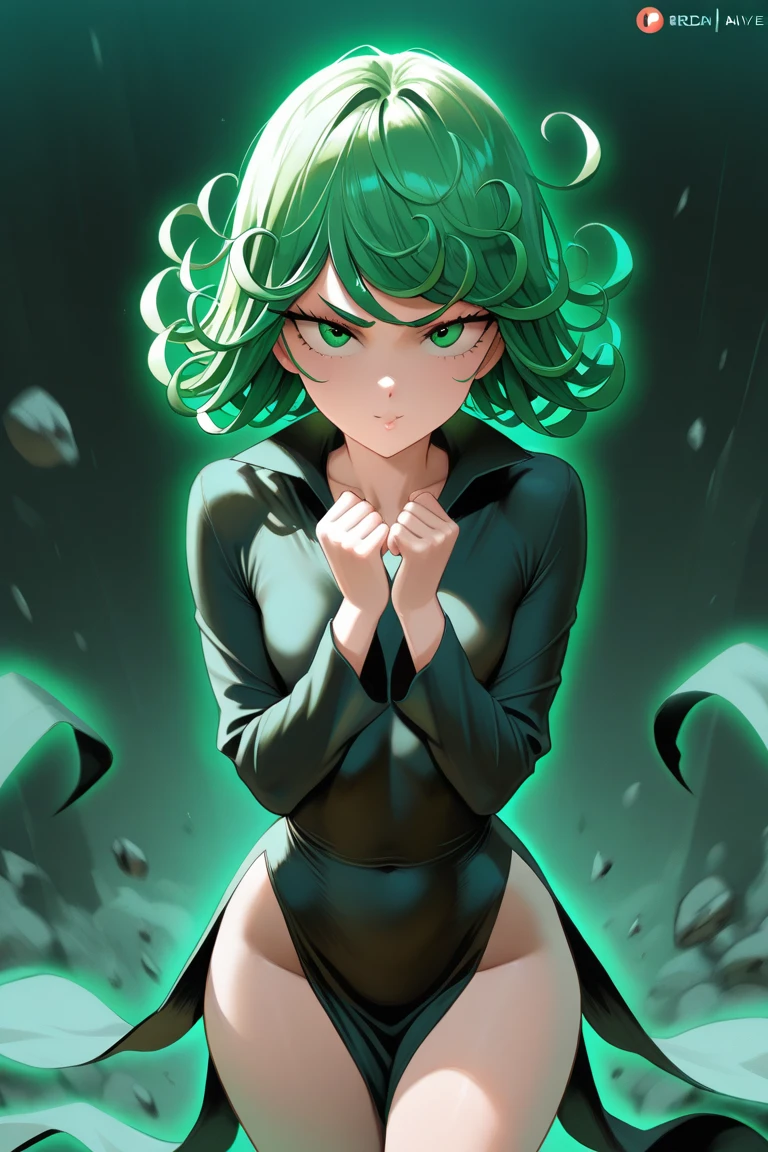 1girl, tatsumaki, green hair, green eyes, black dress, short hair, curly hair, thighs, (Disgusted face), looking at viewer, contempt, shaded, frown, dramatic composition, cinematic dynamic action scene, vibrant colors, cinematic lighting, dramatic lighting, best quality, masterpiece, very aesthetic, perfect composition, intricate details, ultra-detailed