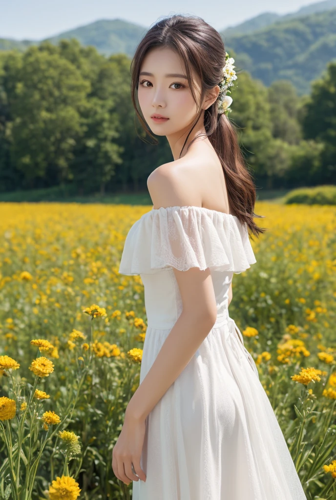 (top-quality,8K,tmasterpiece:1.3)Poetic shots,Hazy light and shadow,aestheticism,Melancholic movies,(overcast day),1girll,golden hair,pigtails,emotive depth,white dresses,florals,flower field,rosette,full bloom,