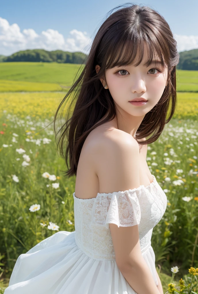 (highest quality, 32k, High resolution, Masterpiece:1.5, ), Beautiful Japanese Girl, An exceptionally beautiful face, perfect human anatomy, Magical big eyes, Smile, Shiny brown hair, Beautiful side ponytail, Asymmetrical bangs, Smooth and soft skin, white sexy bridal dress, fine silk fabric, Detailed and perfect collarbone, A mini skirt fluttering in the wind, Beautiful chest in high resolution, Slender figure with ample breasts, High resolutionの美しい太もも, (Colorful petals fluttering about:1.3), Beautiful Nemophila Field, Spring sunshine, blue sky, sparkling light effect, Professional Lighting, Professional Photographer, Professional Model