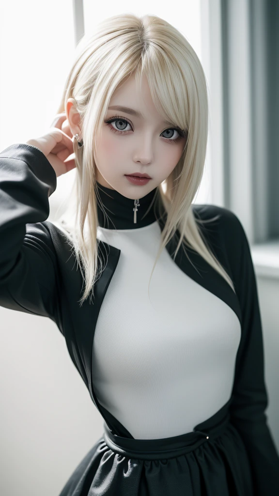1girl,beautiful vintage color, instagram (photorealistic, high resolution:1.4), ((puffy eyes)), looking at viewer, , full body (8k, RAW photo, best quality, masterpiece:1.2), (realistic, photo-realistic:1.37),(sharp focus:1.2), professional lighting, photon mapping, radiosity, physically-based rendering, (pale skin:1.2),(small breasts:1.2), looking at viewer, (middle hair:1.5), portrait, purple eyes, (sliver hair:1.1),bangs, (simple background:1.4), solo, upper body, realistic,(masterpiece:1.4),(best quality:1.4),(shiny skin),fashi-girl,makeup,smile(skinny,closed mouth,shy :1.3) ,(standing,black Stewardess uniform,Necromancer:1.1),medium bust,sexy pose ,