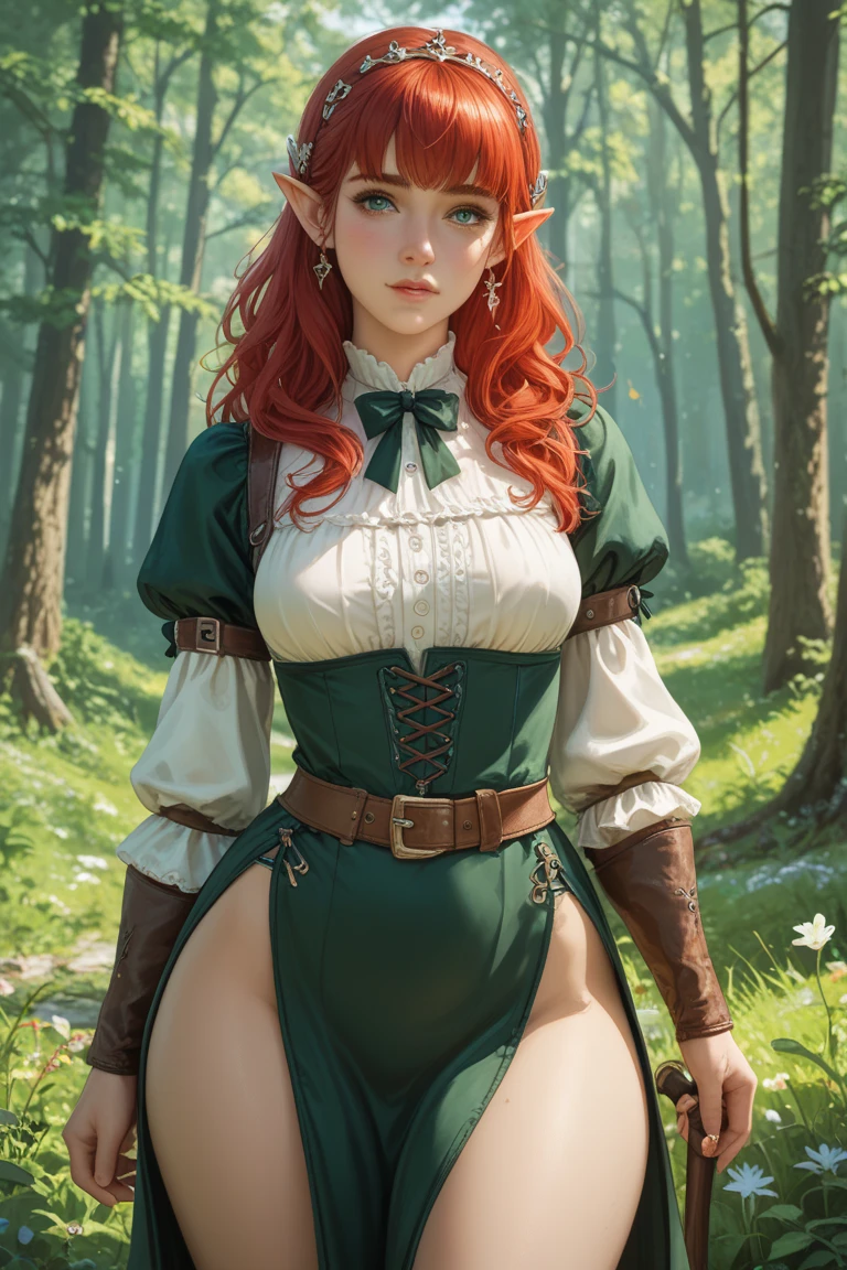 female redhead elf wearing a bavarian dirndl with beautiful elf ears, huge breasts, showing cleavage, (insanely detailed:1.5), extremely detailed face and eyes, (black eyeliner:1.4), full body photograph, from behind, (plumb ass:1.4), (thick thighs:1.4), highly detailed skin