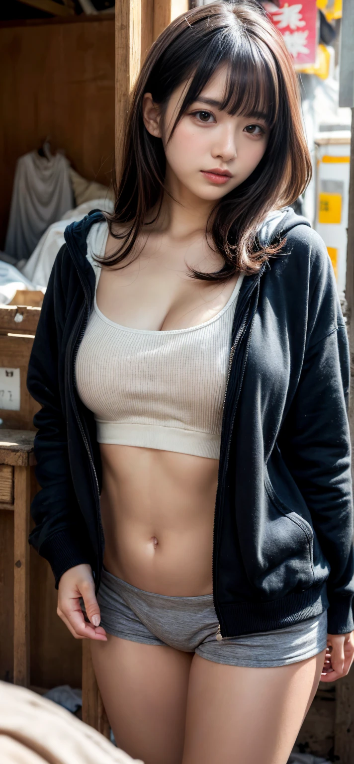 young woman beautiful belly breasts with medium brown hair Fair-white skin in short grayish brown colored, in a chic hoodie robe . elegant pose, wet skin, soft lighting , gentle shadows, anime color background