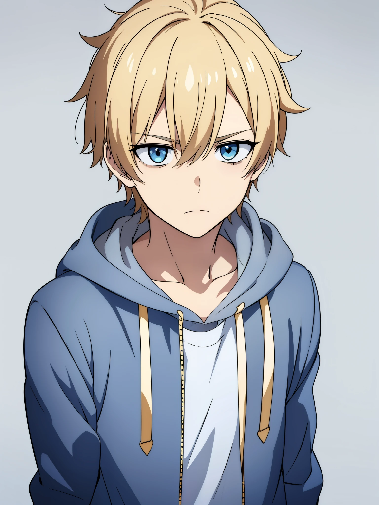 (high-quality, breathtaking),(expressive eyes, perfect face) 1boy, male, solo, young ager, blonde color hair, gold highlight, white skin, light blue eye color, short hair length, fluffy spiky hair, blue hoodie, Symmetrical Eyes, portrait, halfbody, neutral expression, grey background, cute, frown, hair between eyes, simple background, masculine eyes, upper body, medium full body shot, belt, slacks, black shirt, Bags under eyes, tired