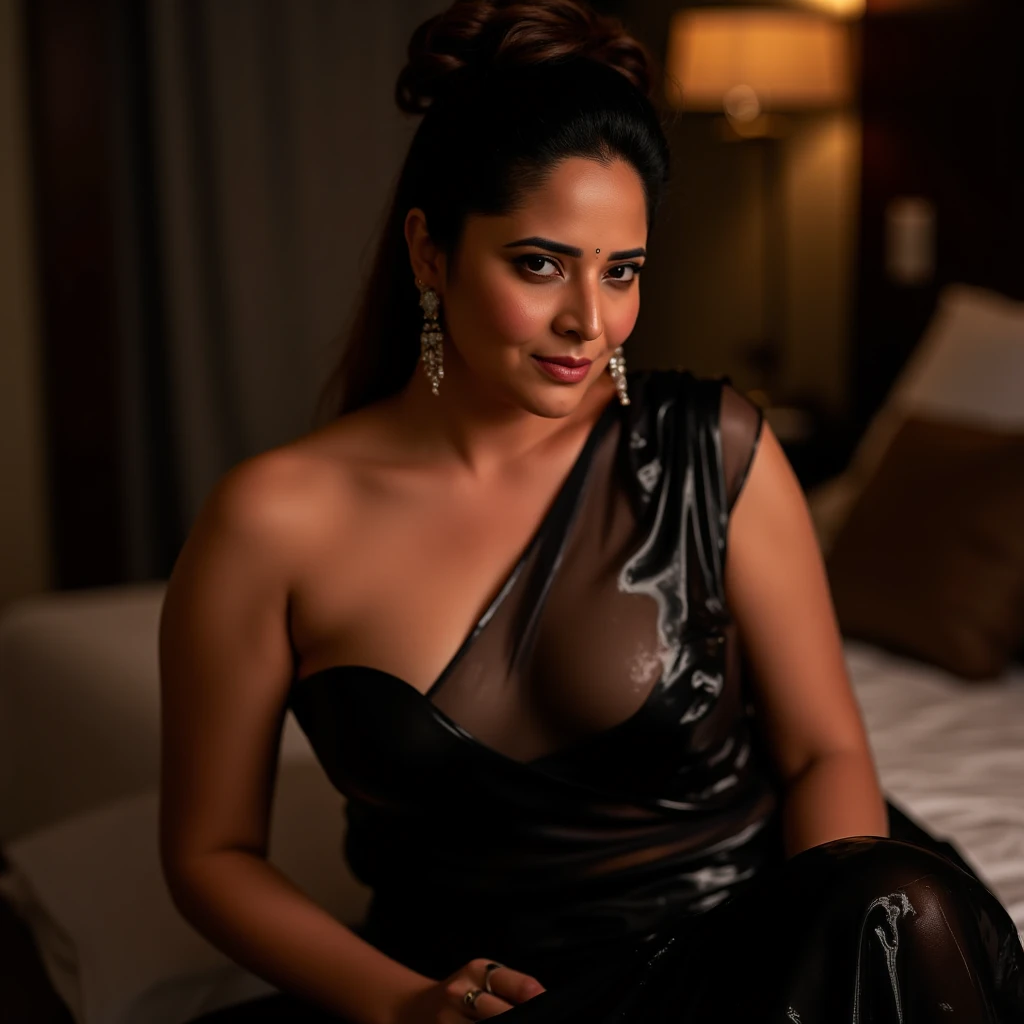 Create an extremely sexy portrait photo of celebrity, woman, kaja, a 40-year-old hot MILF, celebrity actress. This photorealistic upper body portrait should feature  as a curvy, milky skin tone,busty woman with swooping breasts and deep cleavage. She has extremely sexy dark juicie armpits , Her  figure is emphasized, with her arms open to reveal sexy armpits. She wears a necklace and is situated beside a temple in a forest, stripping off a shiny black mini-wear outfit. Her hair is styled in a ponytail. The image should showcase an insanely detailed, realistic skin texture, capturing every nuance of her allure.