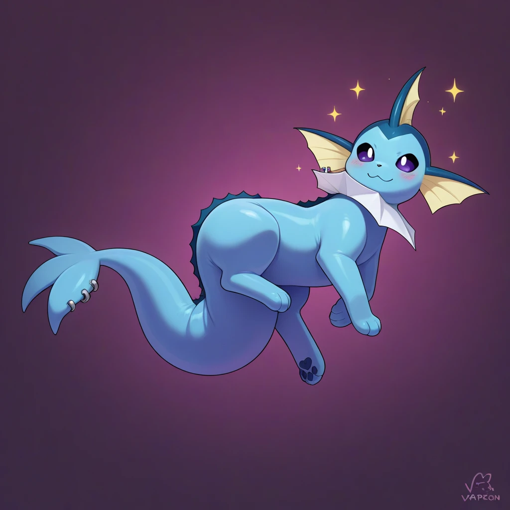 dagasi, Fur on the body, account_9, account_8_grown, account_7_grown, account_6_grown, source_anime, Vaporeon, female, with purple sclera, white eyes, Sitting on the roof of a house, admiring the starry sky, looking up, Night time, wide hips, thick thighs
