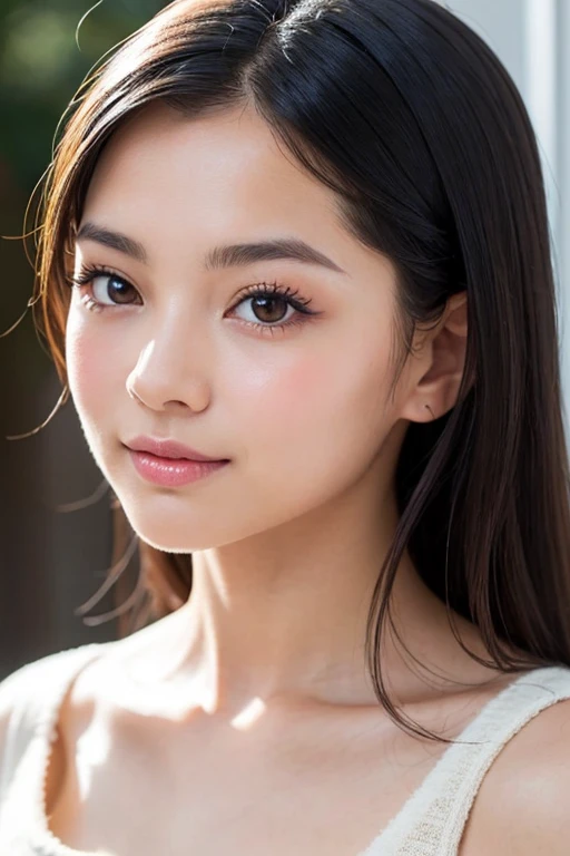 High-quality, ultra-realistic portraits。(She has a neat face.、It combines elegance and class.)。((Large eyes with deep gradation、Gives an elegant impression))。(The nose is clear、Her lips are a subtle light beige color.。The skin is transparent、Has a healthy glow)。Makeup is natural、Smoky brown gradation on the eyes、The blush gives the cheeks a soft, healthy glow.。The lighting is soft and natural.、Accentuating facial features、Does not emphasize shadows。The background is simple and has a blurred gradient.、Focus on the face。