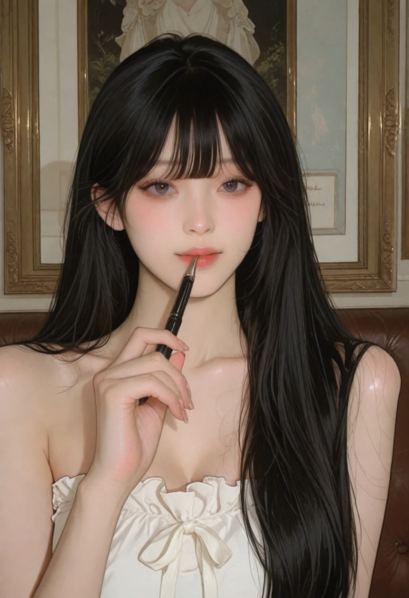 Close-up of a woman with long hair and a cigarette, Ela tem cabelo preto With bangs, Ulzzang, With bangs completa, Larisa Manovar, With bangs, Korean, cabelo arrumado With bangs, Young and pretty Asian face, cabelo comprido With bangs completa, cabelos longos With bangs, Young and adorable Korean face, Pale, round face, young asian girl, complete naked, complete closed mouth,